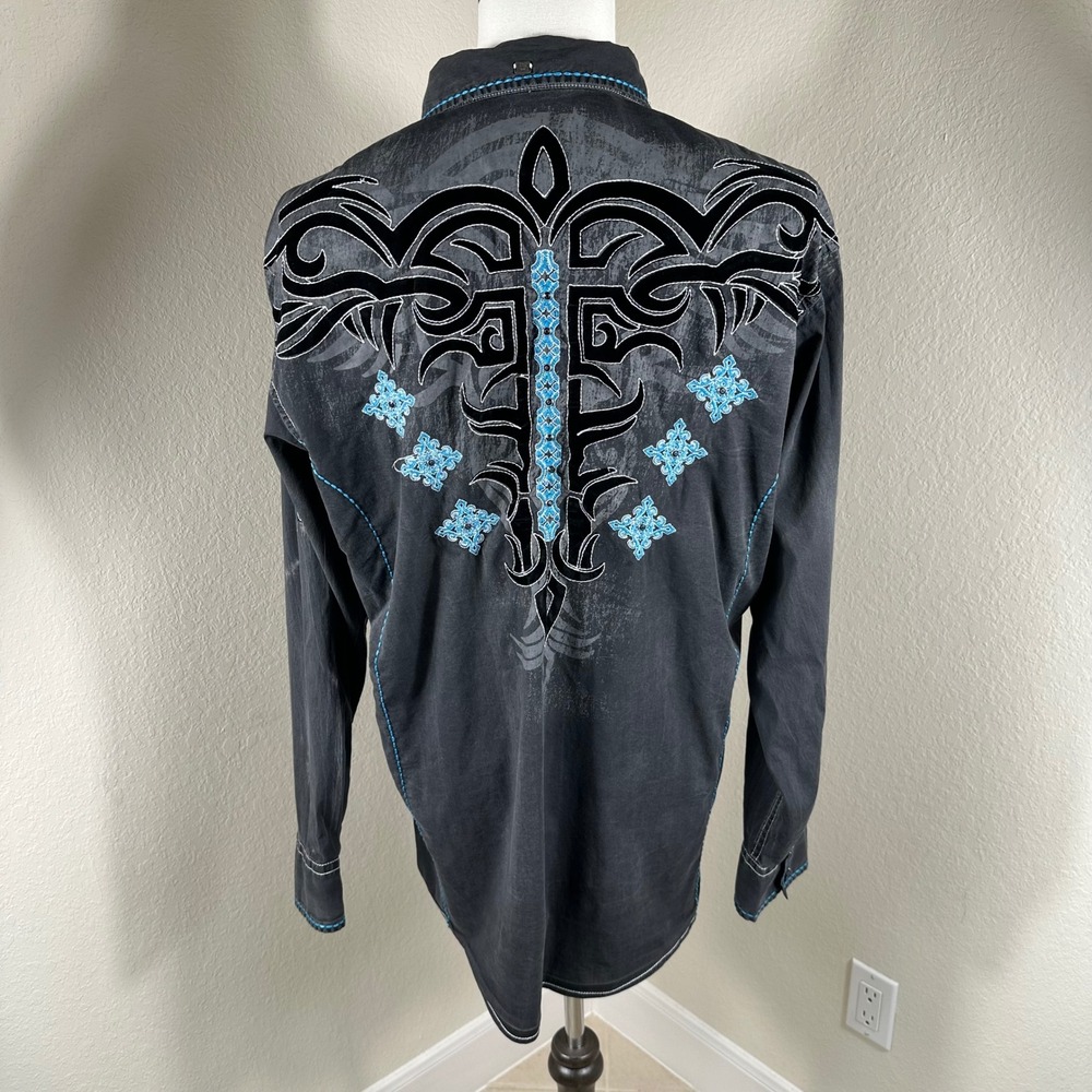 Roar Signature Shirt Mens XL Black Western Full Throttle Tribal Embroidery Biker